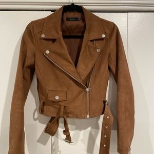 AUTHENTIC ZARA WOMAN FAUX SUEDE BIKER JACKET LIGHT GREY XS